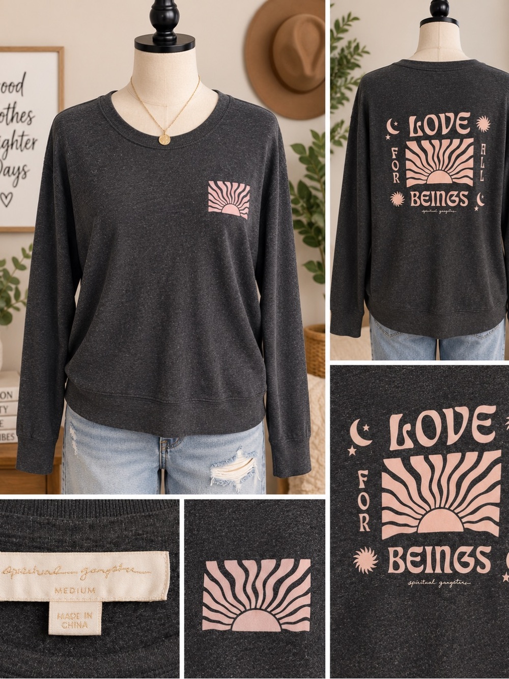 Spiritual Gangster Charcoal Pullover with Pink Sun Graphic